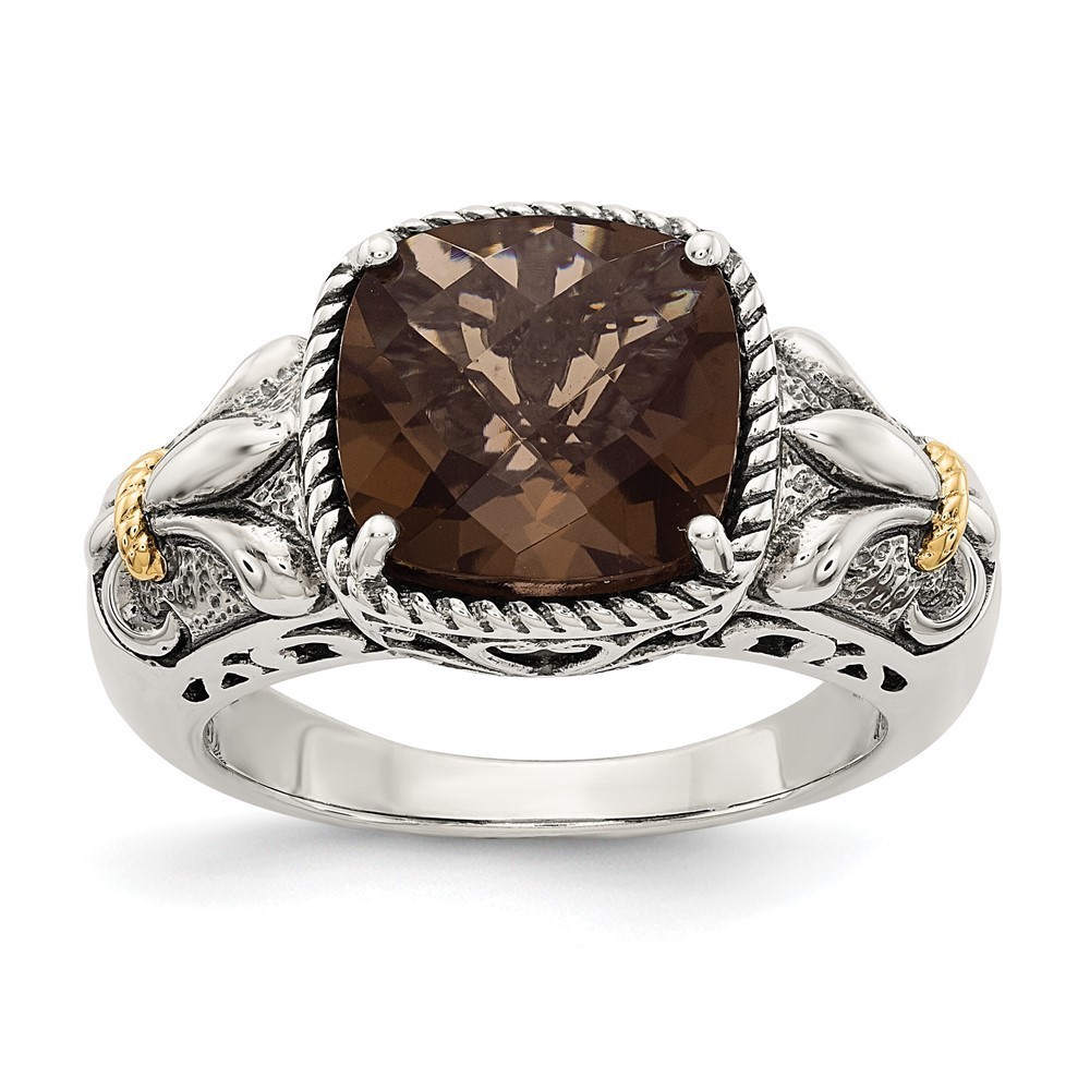 Shey Couture 925 Sterling Silver w 14K acct Antiqued Cushion Smoky Quartz Ring